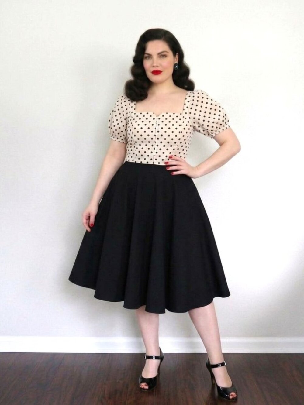 Madewell Ivory & Black Polka Dot Puff Sleeves Sweetheart Neckline Top